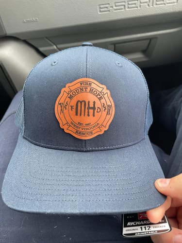 Customer photo review of Custom Leather Patch Trucker Hat - Richardson 112