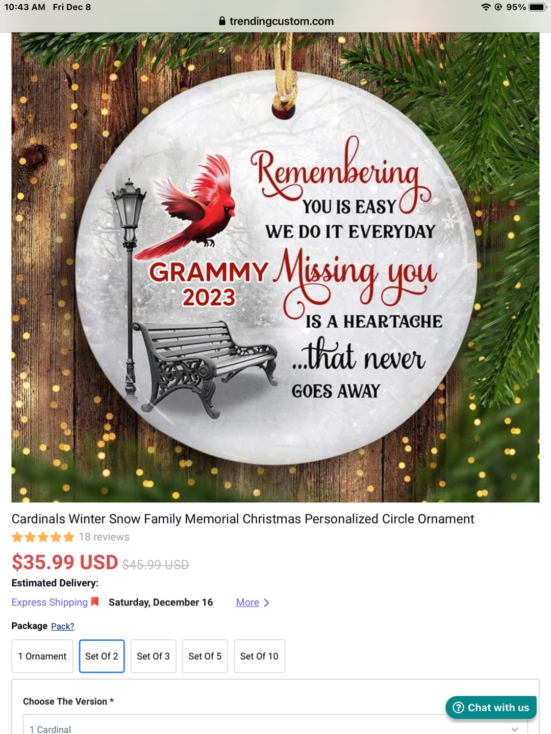 Customer photo review of Cardinals Winter Memorial Personalized Circle Ornament
