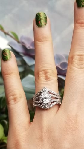 Customer photo review of Halo Pear CZ Split Shank Ring in Sterling Silver
