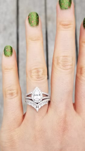Customer photo review of Halo Wishbone Pear CZ Split Shank Ring Set in Sterling Silver