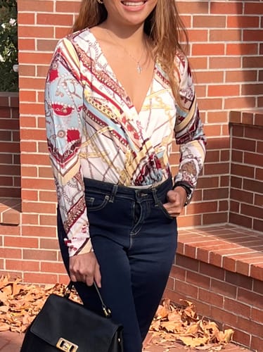 Customer photo review of WOMEN'S LONG SLEEVE SURPLICE MULTI PRINT BODYSUIT