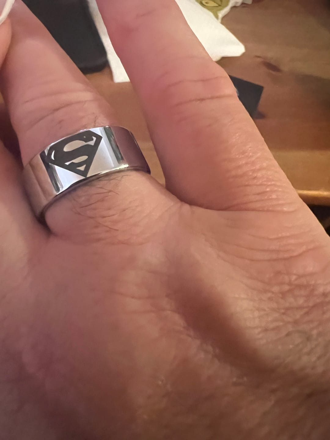 Customer photo review of Superman Wedding Ring in Tungsten