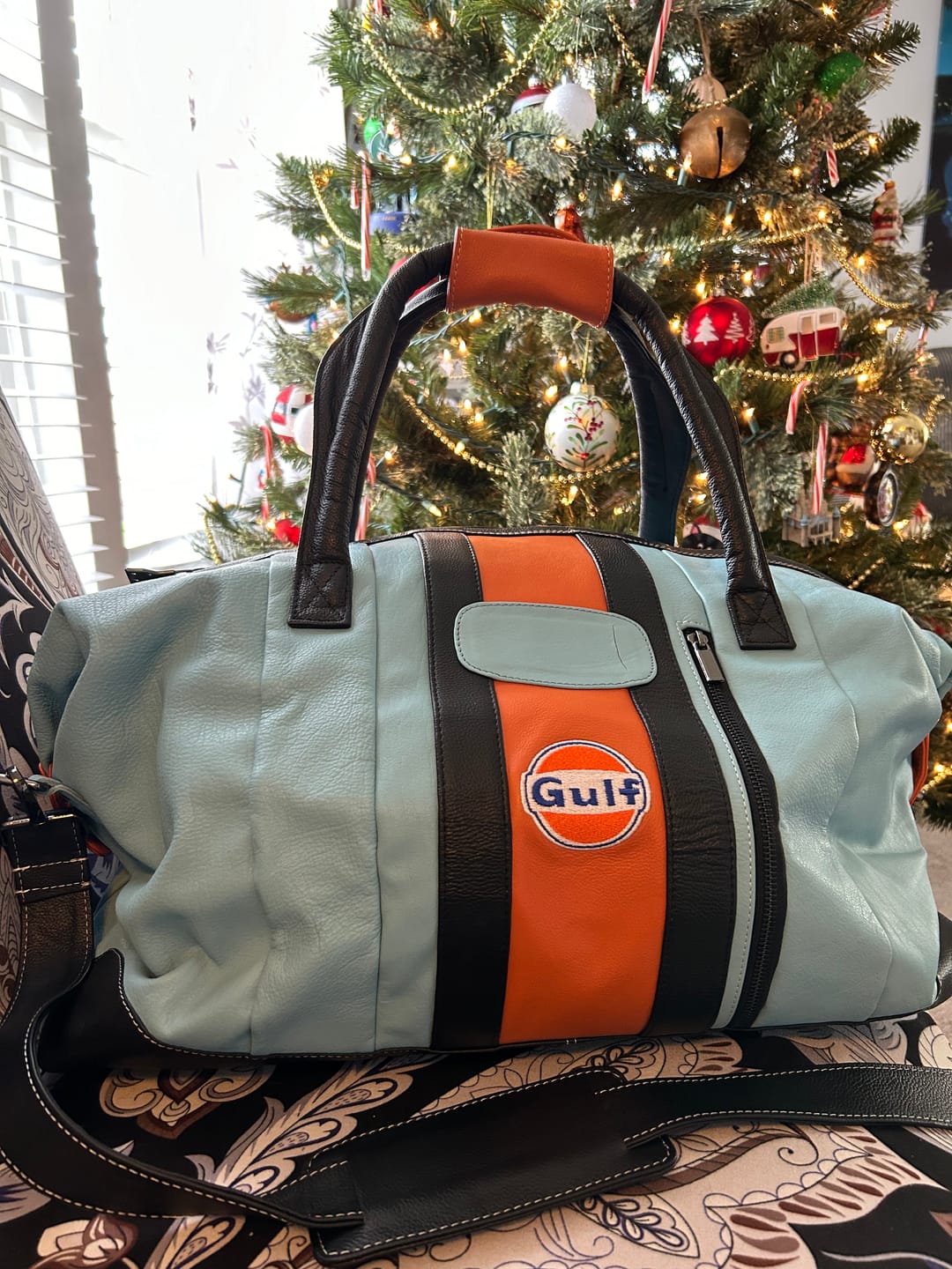 Customer photo review of Gulf Leather Large Duffel Bag in Gulf Blue