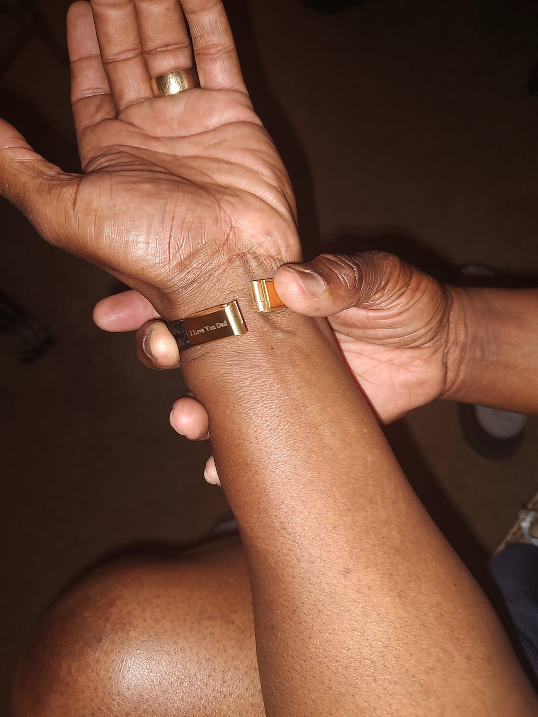 Customer photo review of Engraved Leather Bracelet