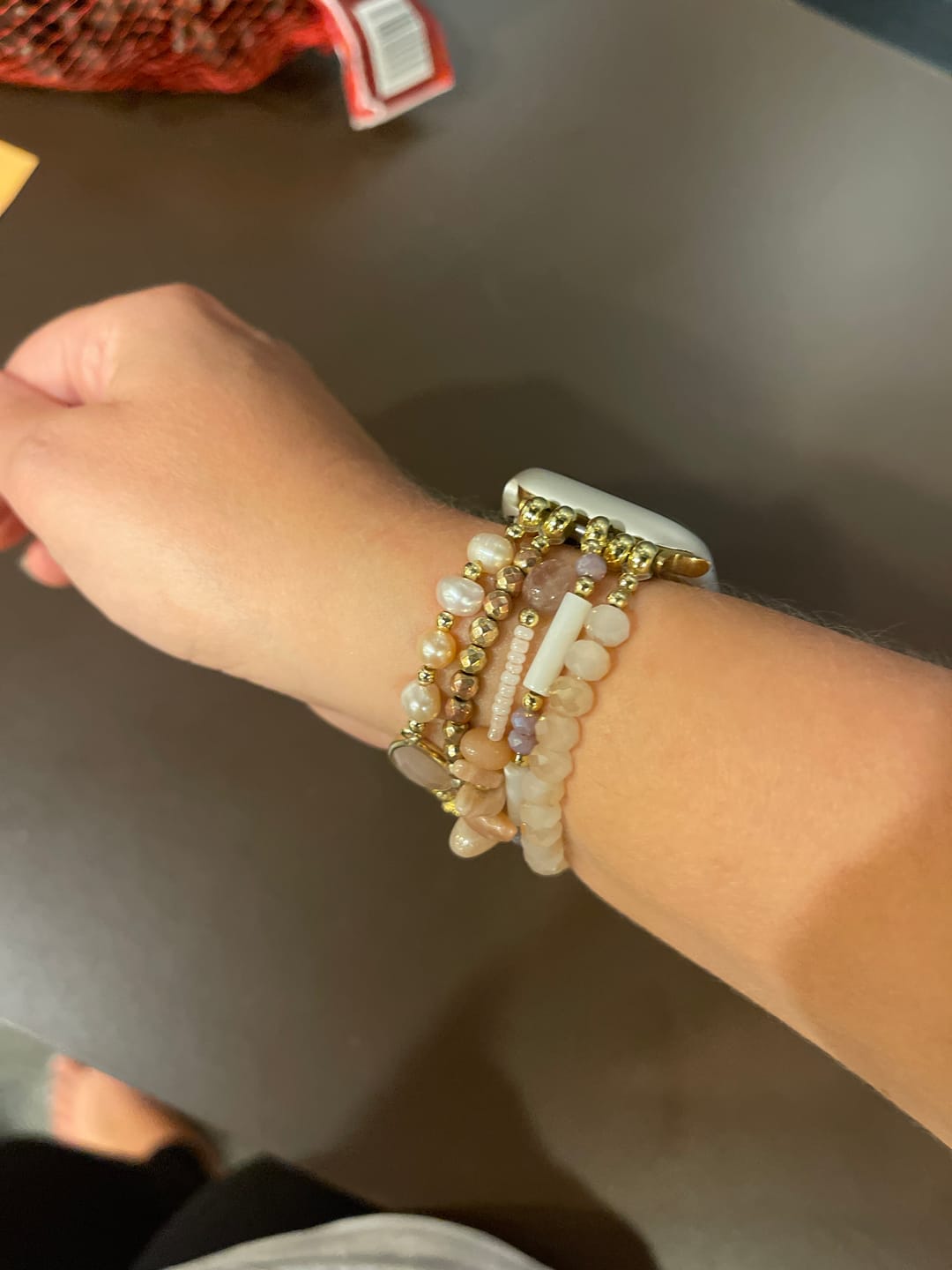 Customer photo review of Pearly Rosette Stretch Apple Watch Strap