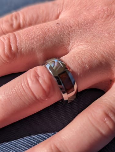 Customer photo review of Tungsten Carbide Natural Koa Wood and Abalone Block Wedding Ring 8mm