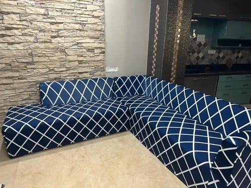 Customer photo review of Navy Blue checks Elastic L-Shape Sofa Slipcovers