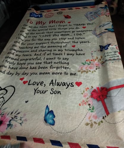 Customer photo review of Mom - Giant Post Card Blanket - From Son cc1