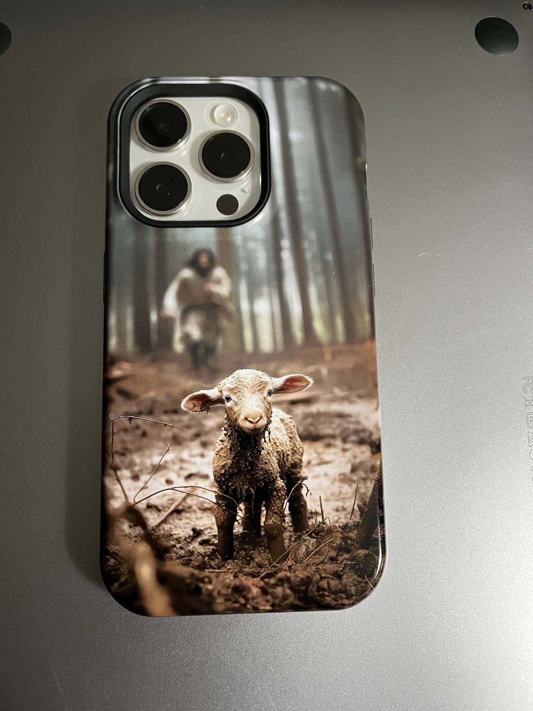 Customer photo review of Jesus With The Sheep, Jesus Running After Lamb, Phone Case
