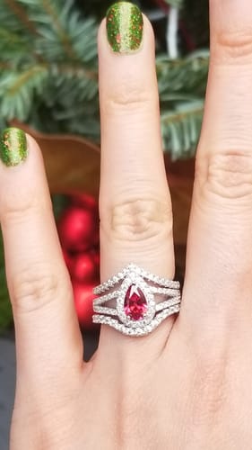 Customer photo review of Halo Red Pear CZ Split Shank Ring in Sterling Silver