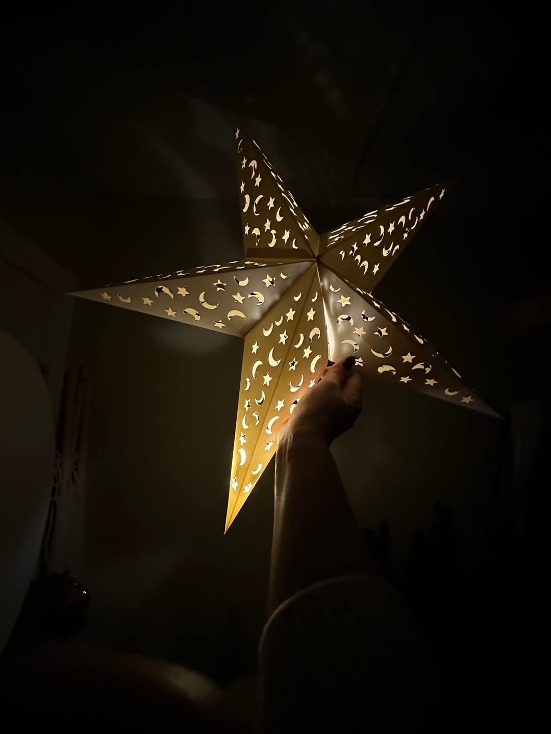 Customer photo review of 24" White Star Moon Cut-Out Paper Star Lantern, Hanging Wedding & Party Decoration