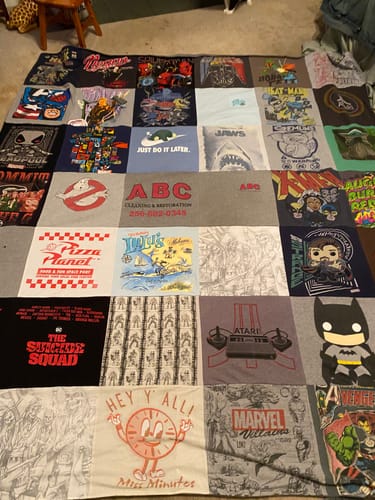 T-shirt quilt with movies, comics themes by Melanie from AL