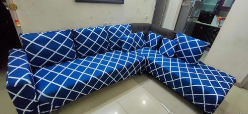 Customer photo review of DivineTrendz Exclusive - Navy blue checks Elastic Chair,Table & L-Shape Sofa Slipcovers