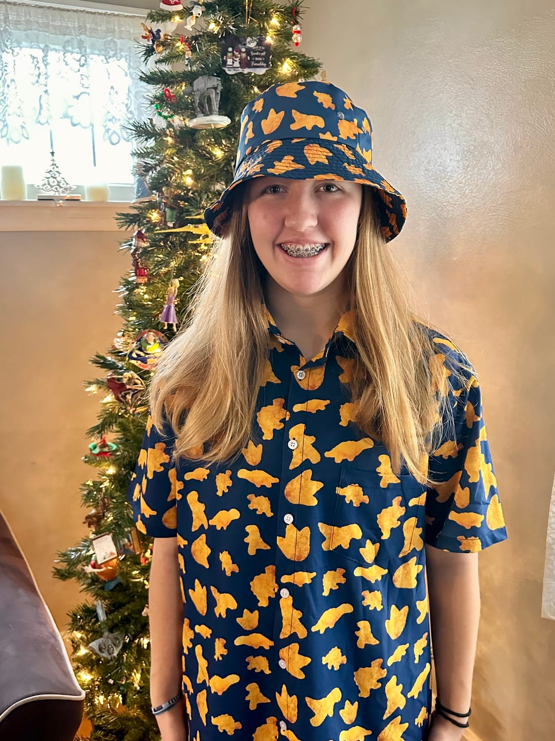 Customer photo review of Dinosaur Chicken Nuggets Blue Button Up Shirt