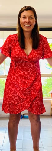 Customer photo review of Brandi Wrap Dress In Red Heart Print