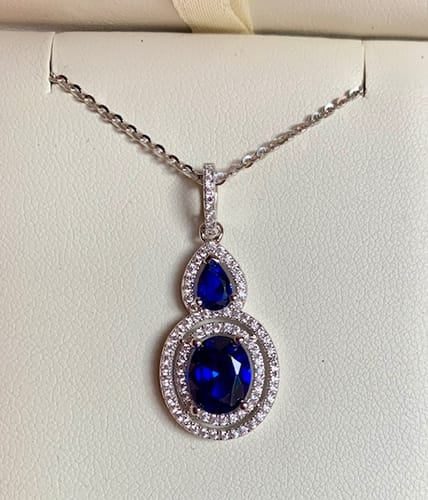 Customer photo review of Halo Simulated Blue Sapphire Oval CZ Necklace in Sterling Silver