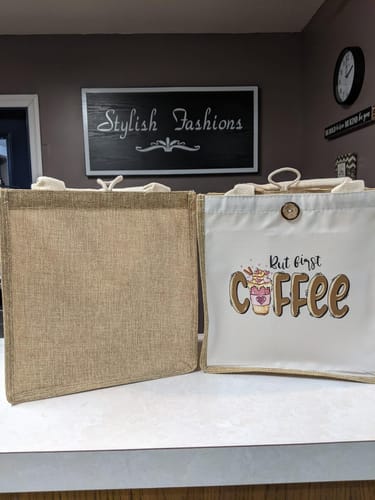 Customer photo review of Yellow But First Coffee DTF Transfer