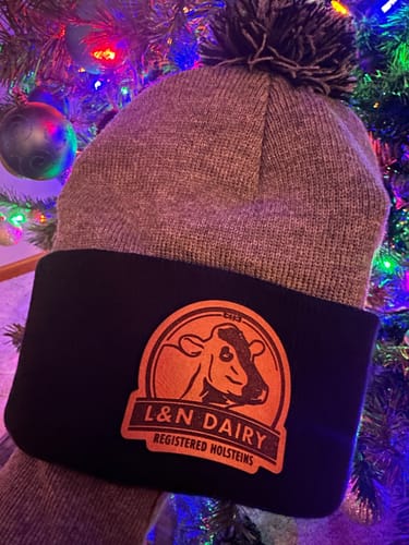 Customer photo review of Custom Leather Patch Pom-Pom Knit Beanie