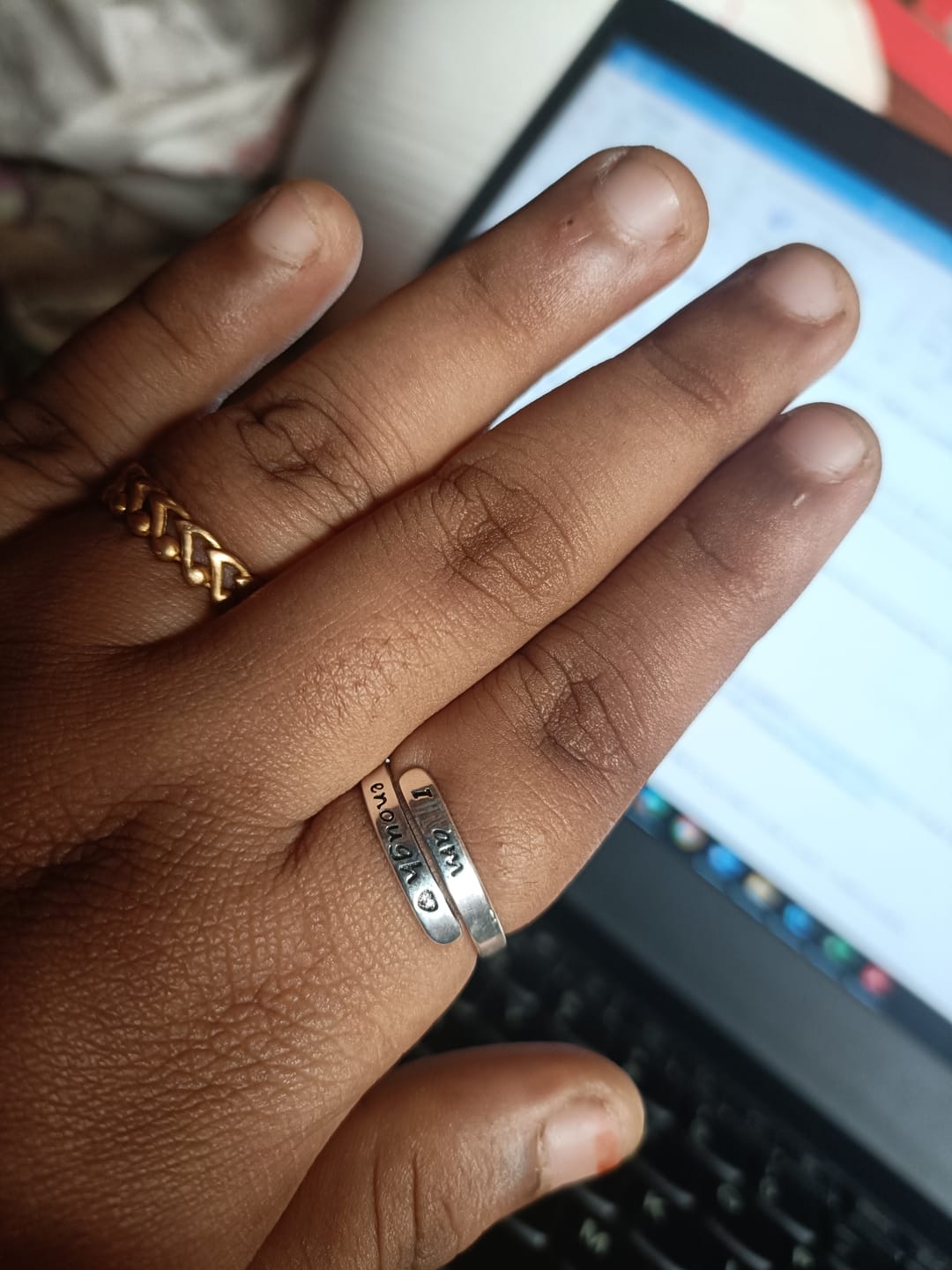 Customer photo review of I Am Enough Sterling Silver Ring