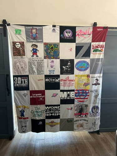 T-shirt quilt with comedy, theater themes by Susan from TX
