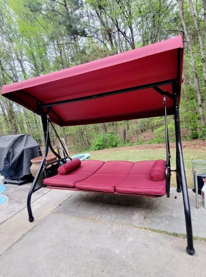 Customer photo review of 3-Seat Outdoor Porch Swing with Cupholders, Adjustable Canopy and Backrest, Wine Red
