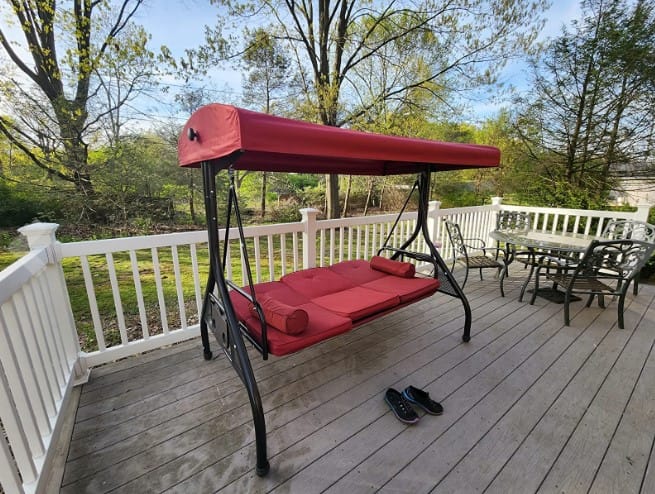 Customer photo review of 3-Seat Outdoor Porch Swing with Cupholders, Adjustable Canopy and Backrest, Wine Red