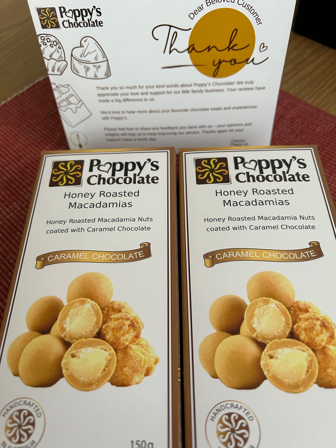 Customer photo review of Caramel Chocolate Coated Macadamias 150g