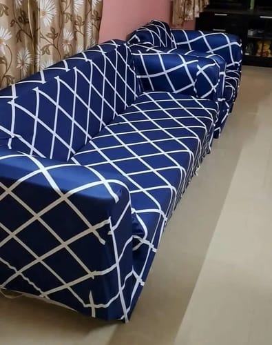 Customer photo review of Navy Blue Checks Elastic Sofa Slipcovers