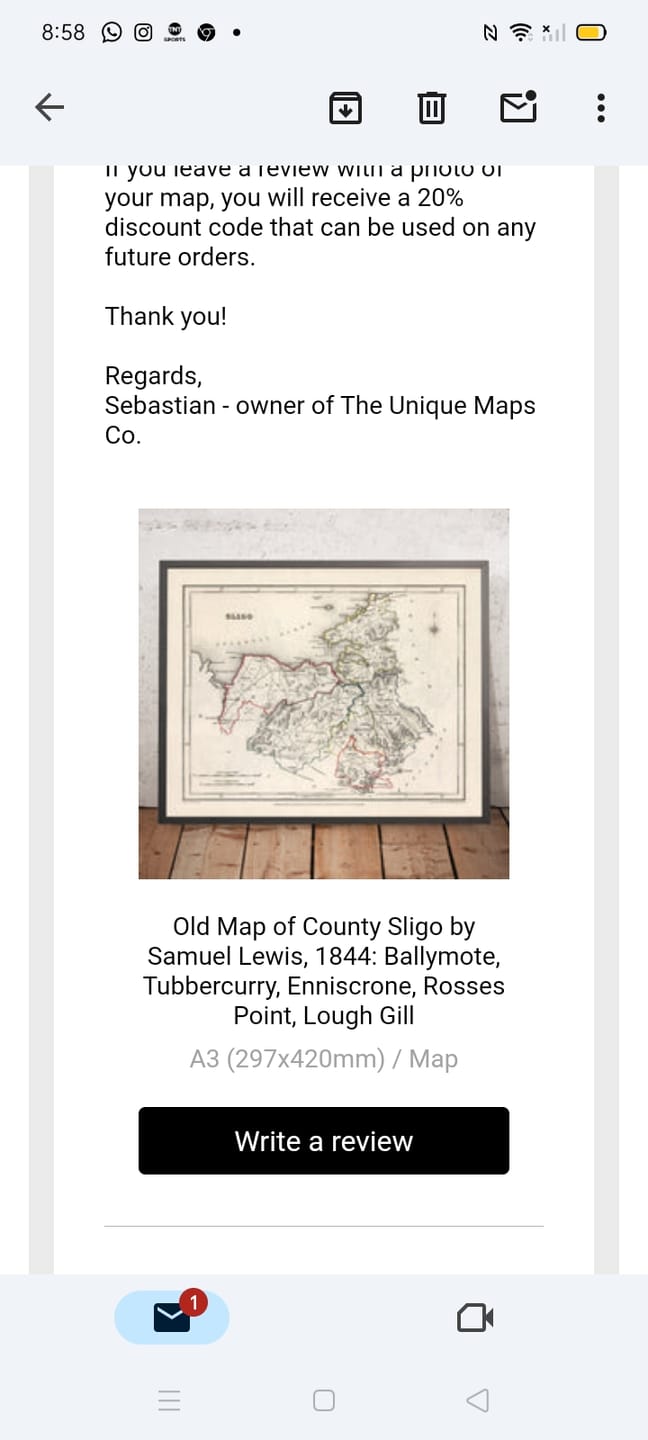 Customer photo review of Old Map of County Sligo by Samuel Lewis, 1844: Ballymote, Tubbercurry, Enniscrone, Rosses Point, Lough Gill