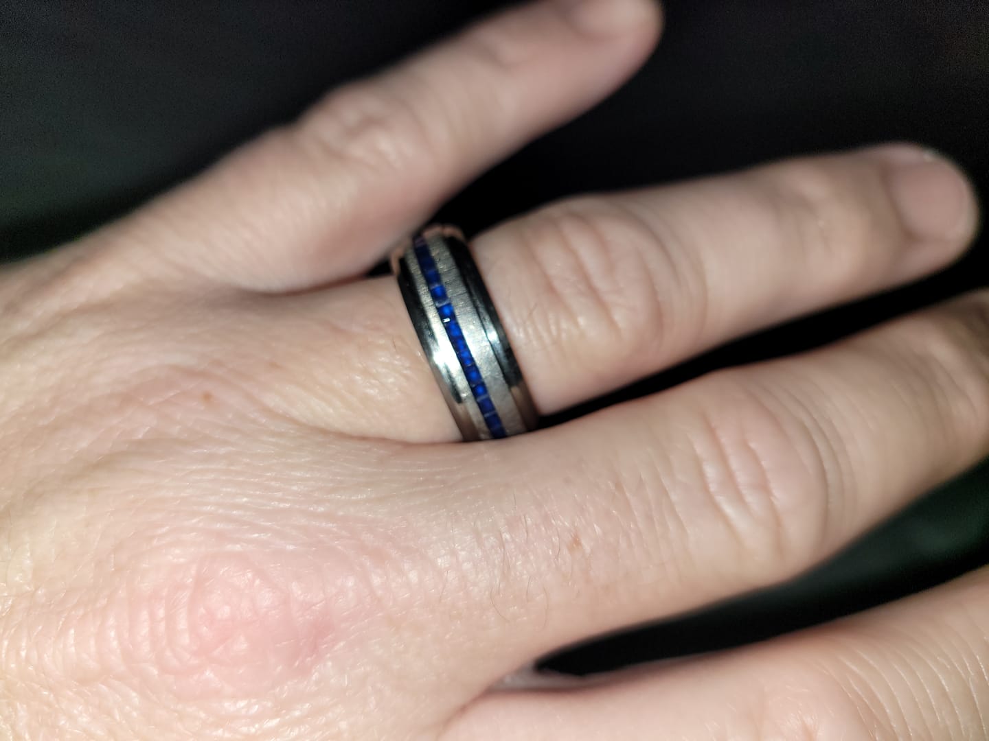 Customer photo review of 8mm - Mens Titanium Wedding Band With Blue Sapphire Titanium Ring