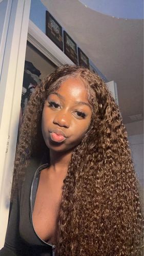 Customer photo review of Chocolate #4 Brown Deep Wave Glueless Wigs HD Transparent Lace Front Wigs