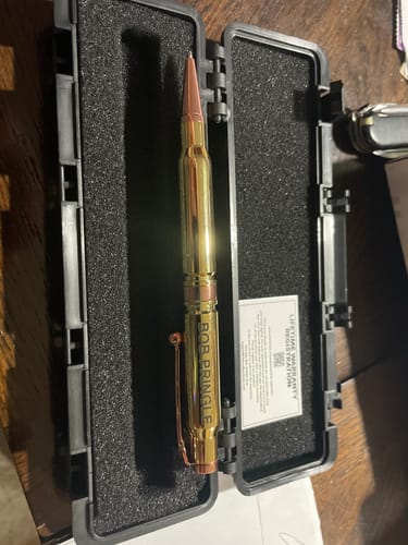 Customer photo review of .308 Real Bullet Casing Refillable Twist Pen - Tactical Gift Box - Polished Brass
