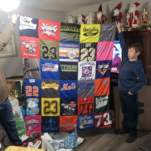 T-shirt quilt with baseball, sports themes by Frederick from NC