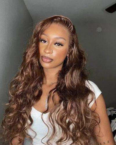 Customer photo review of #4 Dark Brown Body Wave Wig 13x4 HD Lace Front Colored Human Hair Wigs