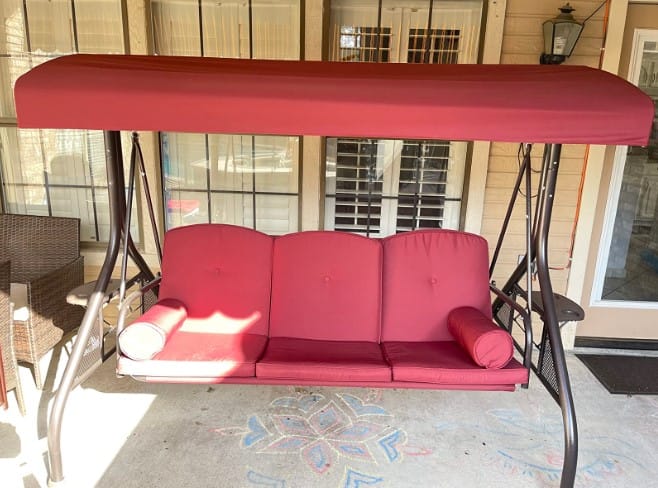 Customer photo review of 3-Seat Outdoor Porch Swing with Cupholders, Adjustable Canopy and Backrest, Wine Red