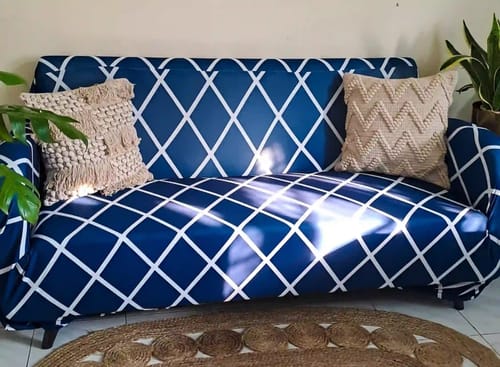 Customer photo review of Navy Blue Checks Elastic Sofa Slipcovers