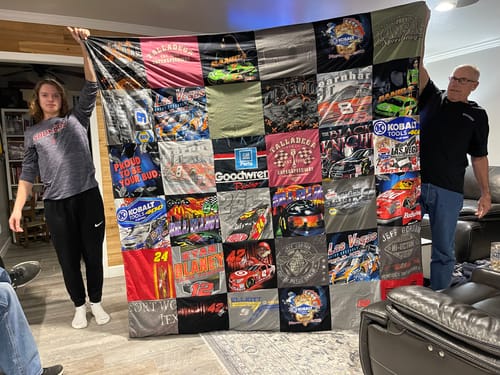 T-shirt quilt with automobile racing, nascar themes by Rhonda from OK