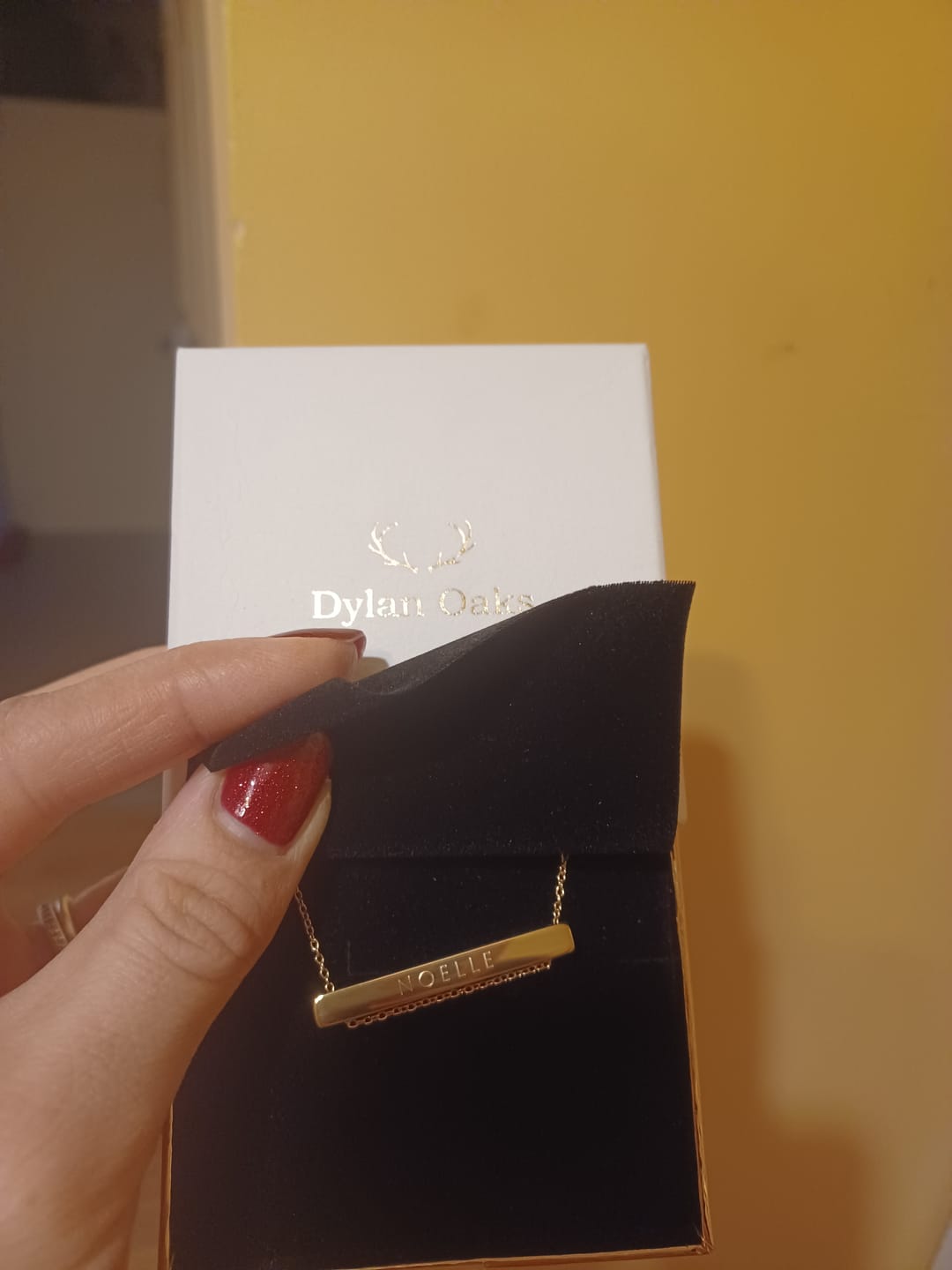 Customer photo review of 4cm Letter Bar Necklace in Gold Horizontal