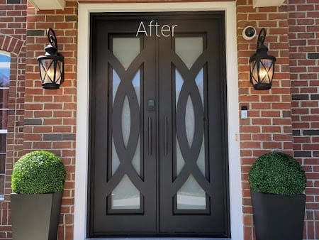Customer photo review of Brady Model Front Entry Door With Transom 72 By 144 Matt Black With Copper Finish