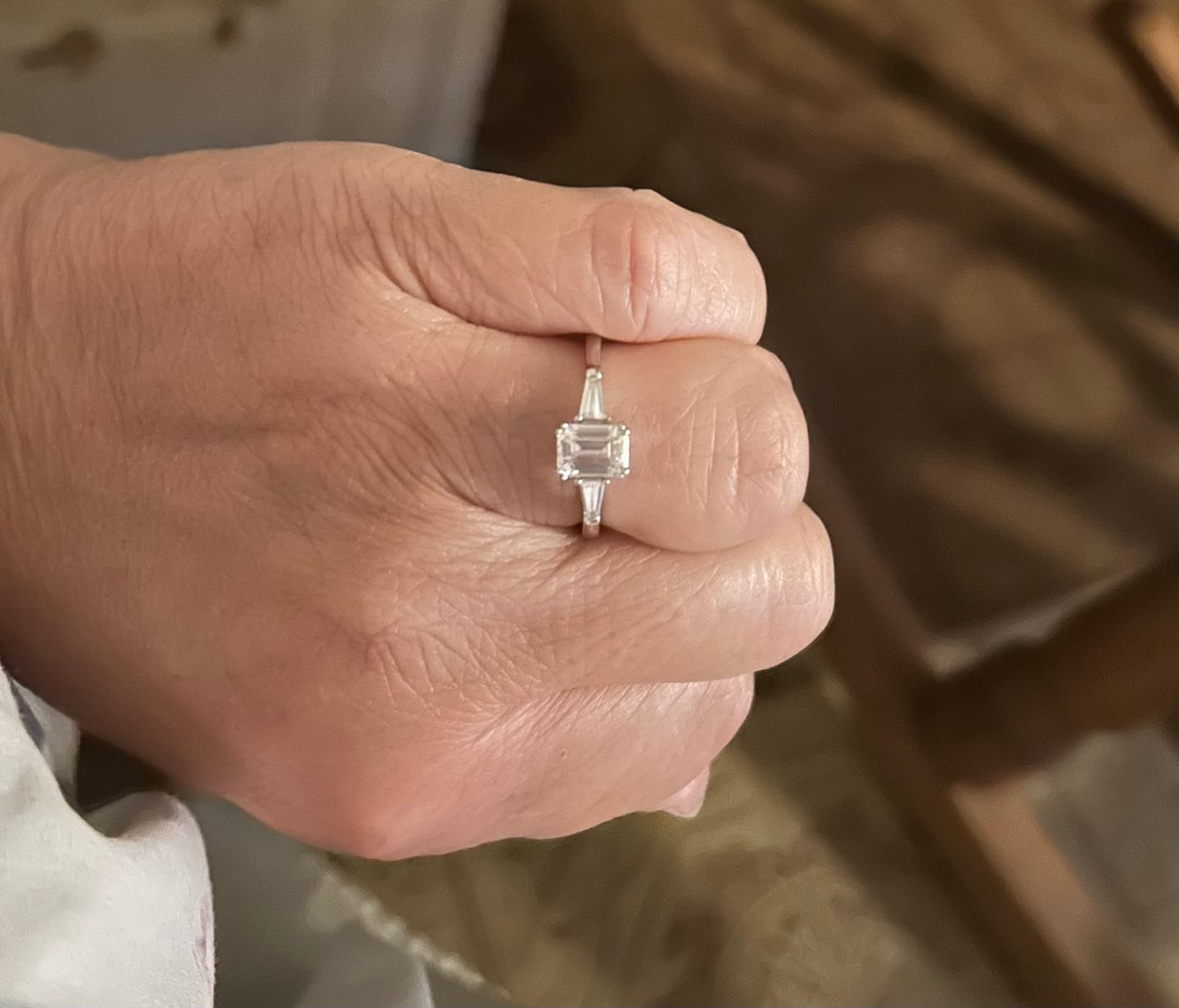 Customer photo review of Three Stone Emerald Cut Moissanite Tapered Baguette Engagement Ring