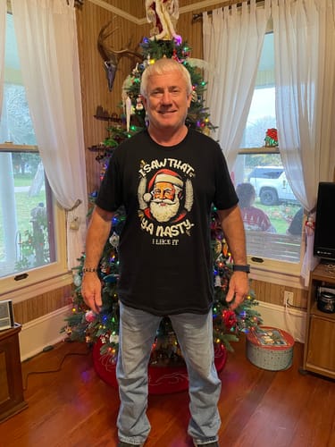 Customer photo review of Premium Santa I Saw That Ya Nasty Christmas Party Tee