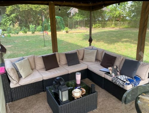 Customer photo review of 7 Pcs Outdoor Rattan Sectional Sofa w/ Adjustable Bracket, Khaki Cushion & Coffee Table
