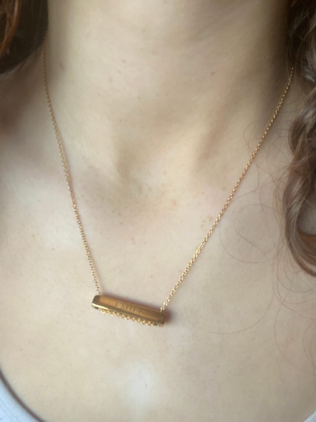 Customer photo review of 4cm Letter Bar Necklace in Gold Horizontal