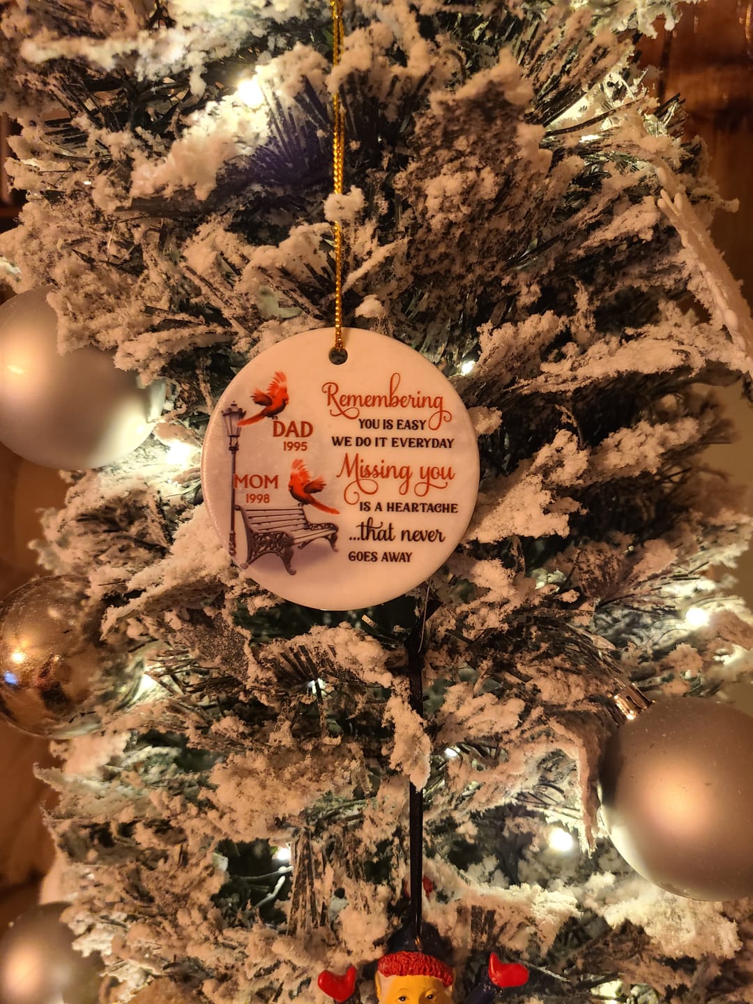 Customer photo review of Cardinals Winter Memorial Personalized Circle Ornament
