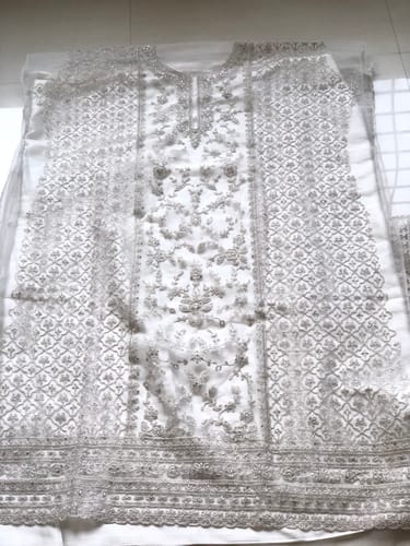 Customer photo review of White Embroidered Netted Pakistani Suit