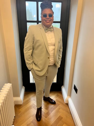 Customer photo review of Avocado Green Paisley Self-tied Bow Tie Pocket Square Cufflinks Set