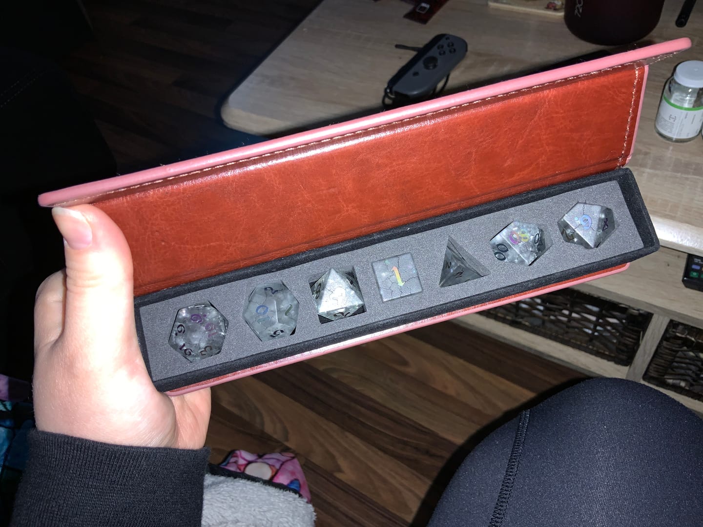 Customer photo review of Black Inked Lightning Glass Cracked Glass (And Box) Polyhedral Dice DND Set
