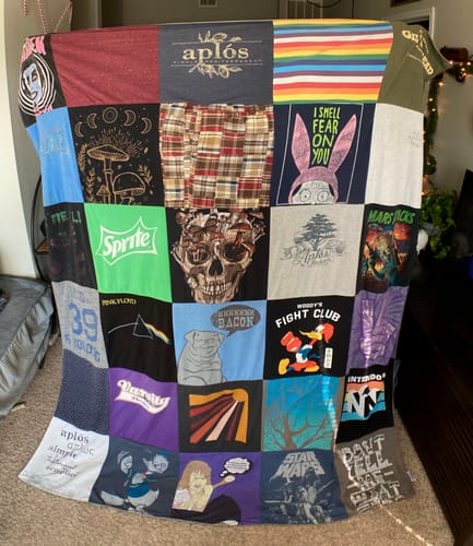 T-shirt quilt with music, movies themes by Erynn from TX