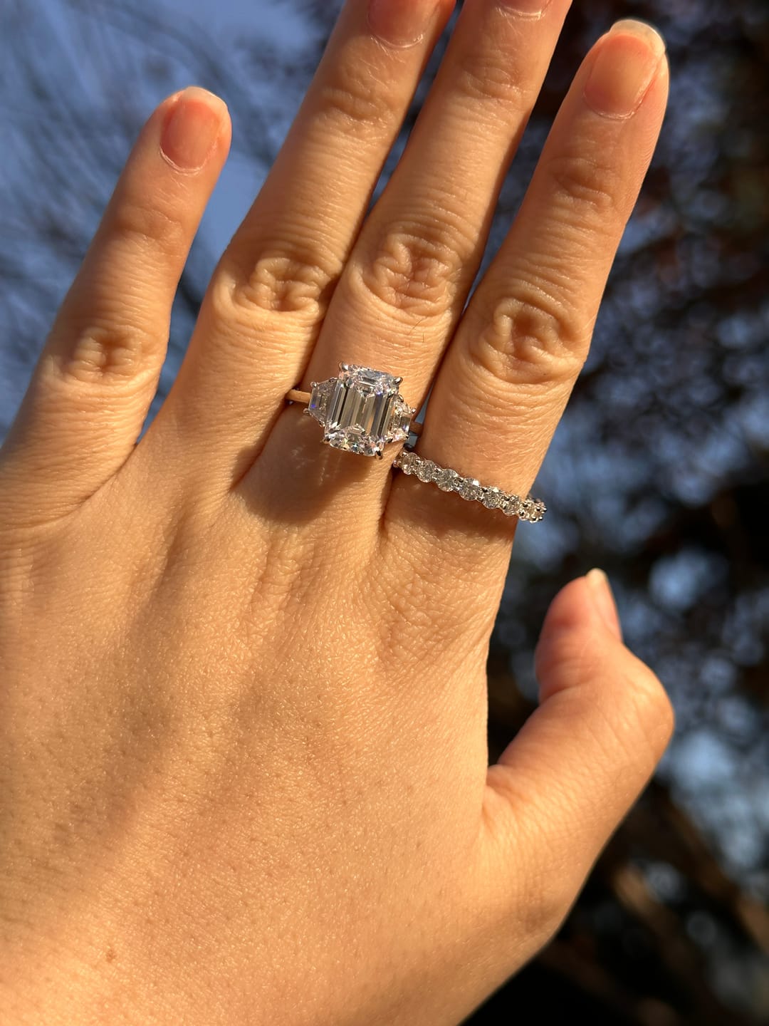 Customer photo review of S925 4.5 Carat Emerald Cut Three Stone Engagement Ring Anniversary Ring Gift