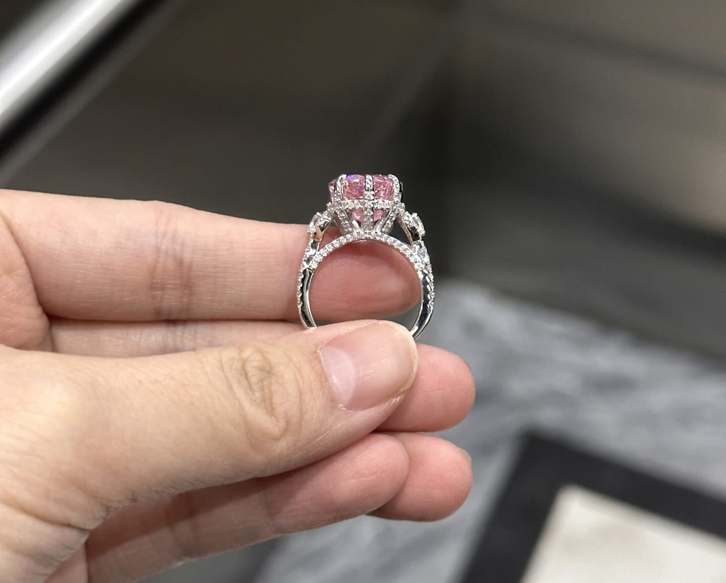 Customer photo review of S925 5.0Ct Heart Cut Royal Romantic Pink Stone Heart Cut Engagement Ring In Sterling Silver